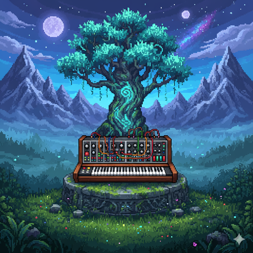 Pixel art synthesizer with glowing tree